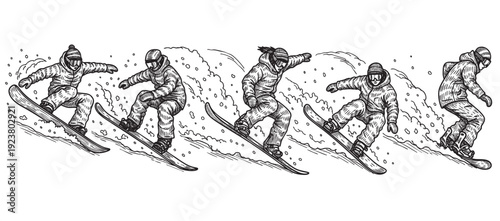 Detailed black and white sketch illustration of snowboarders wearing winter gear riding downhill, creating a dynamic scene. Good for winter sports, recreation, or design concepts.