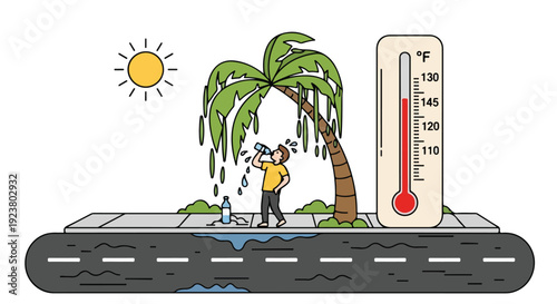 Illustration of a person sweating under a wilting palm tree next to a thermometer showing high temperature on a hot road with a sun in the background, conveying a global warming and heat wave scene.