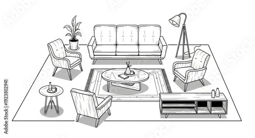 Living room furniture arrangement with sofa, chairs, and coffee table on a rug.
