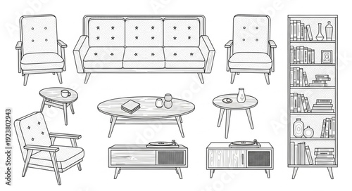 Elegant living room furniture set sketch, perfect for interior design inspiration and concepts.