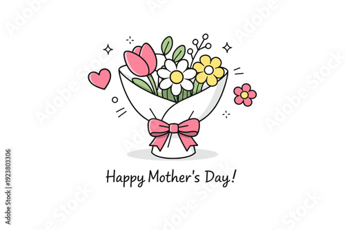 Mother?s Day small business bouquets. Final delivery-ready bouquet with ribbon and small heart or flower icon floating nearby. Gentle celebratory mood and