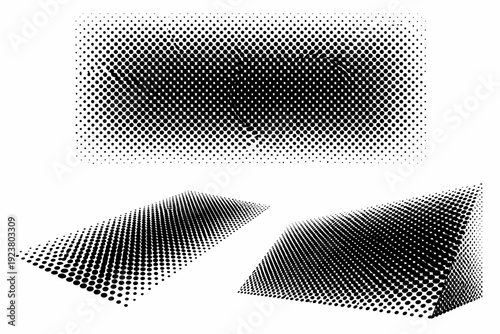 Pop art halftone dot field A dense field of evenly spaced halftone dots displayed in front view, side view, and three-quarter view within one