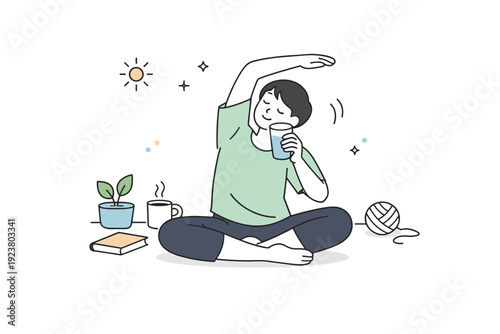 Health without fitness culture. Person sitting comfortably at home, drinking water and stretching lightly with a calm expression. Everyday wellbeing focused on