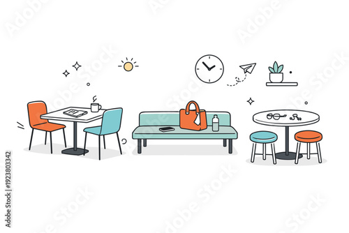 Human absence felt. An empty public space with chairs, benches, or tables arranged as if recently used, suggesting people have just left. Quiet atmosphere