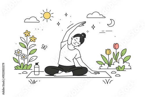 Spring Yoga Serenity. Spring equinox yoga outdoors ? Morning stretch in a garden. Person practicing gentle yoga among plants and flowers, peaceful mood, fresh