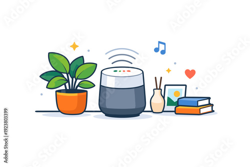 Smart Home Serenity. Using a smart speaker shown as part of a calm home environment with a plant and small decorative elements, emphasizing how technology