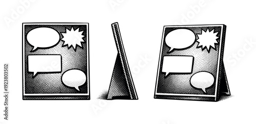Comic book style display stand with multiple empty speech bubbles for text