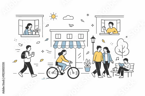 City streets in early spring. A mix of pedestrians, cyclists, and open windows shows life returning outdoors. Calm editorial scene with floating leaves and