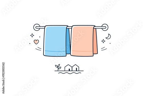 Towels drying quietly. Two towels hanging side by side on a minimalist metal bar, soft light and calm space around. Subtle visual metaphor for togetherness and