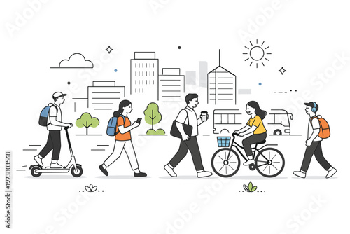 Everyday life in modern city illustration. People walking, cycling, and commuting with scooters and backpacks, surrounded by sleek buildings
