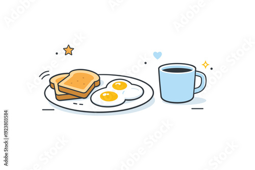 Minimal breakfast meal. Toast, eggs, and a cup arranged cleanly on a table, suggesting a simple morning routine. The atmosphere feels light, quiet, and