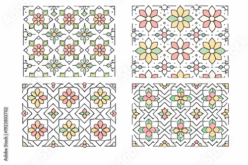 Islamic Spring Motifs. Islamic geometric spring patterns. Elegant repeating geometric motifs inspired by Islamic art, softened with floral hints and spring