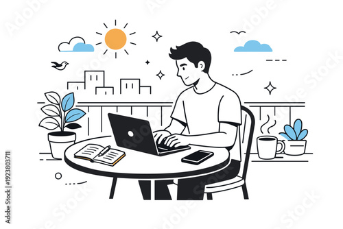 Remote work on sunny balconies. Freelancer enjoying focused work outside, laptop open with notes and phone nearby. Quiet urban lifestyle