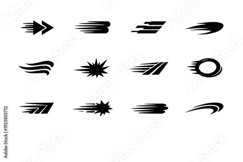 Speed Trail. Solid icon set of Speed Trail: fast forward arrow, speed line, racing trail, aerodynamic lines, swoosh effect, wind streak, acceleration burst,