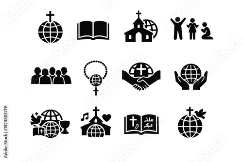 Global Christian Symbols. Solid icon set of global Christian symbols: cross with globe, open bible, international church icon, cultural