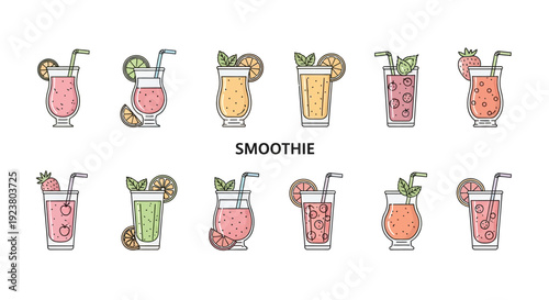 A collection of colorful and delicious smoothie illustrations, perfect for beverage branding
