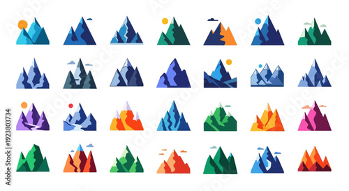 A collection of colorful flat design mountain illustrations for various design applications