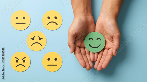 Wallpaper Mural Hands holding happy smiley face icon among sad faces, customer satisfaction concept Torontodigital.ca