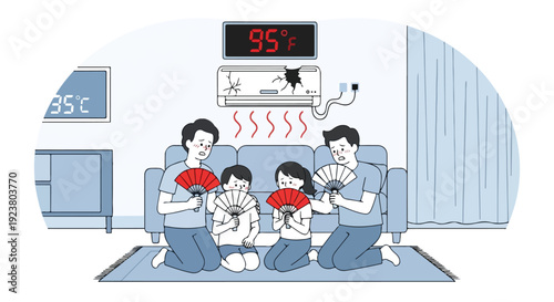 Illustration of a family sitting on the floor in a living room, fanning themselves with handheld fans due to heat wave and global warming, with a thermometer and air conditioning unit on the wall.
