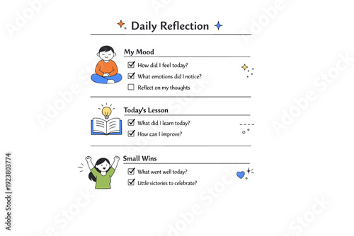 Daily reflection routine. A minimal checklist combines mood, lessons, and small wins, showing a structured yet gentle self-review. The illustration