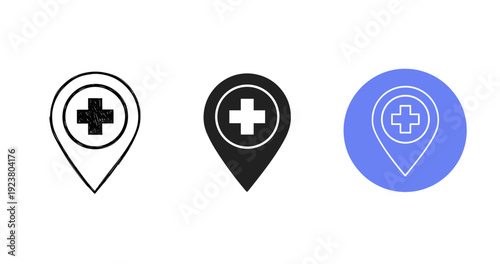 Three location icons with medical cross design in black and blue variants