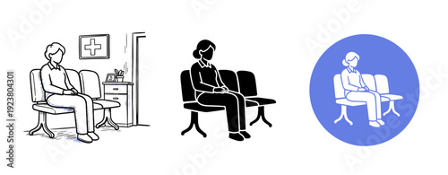 Female patient waiting in clinic: illustration and icon designs