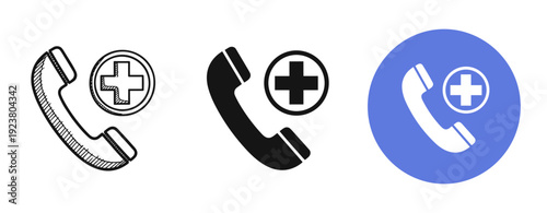 Emergency call icons with cross symbol in various styles