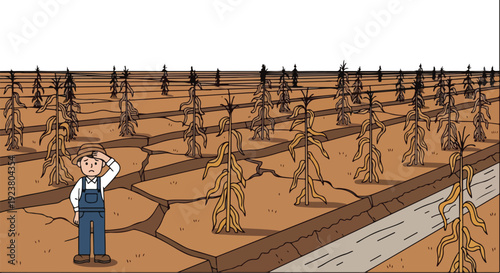 A worried farmer stands in a parched, cracked earth field with withered crops, conveying a sense of global warming and heat wave.