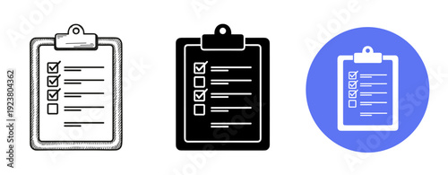 Set of three checklist icon styles on clipboards