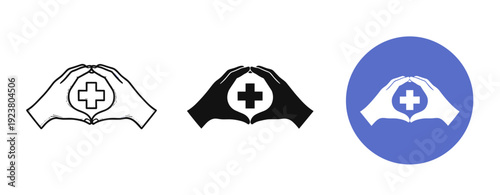 Hands forming heart shape with medical cross in three color variations