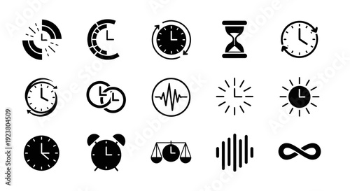 A premium black silhouette icon set featuring twelve unique abstract icons inspired by the concept of time and clocks. Each icon represents a different symbolic interpretation of time such as flow