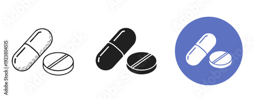 Set of medical pill icons in hand-drawn and modern styles on white background