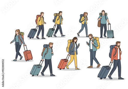 Cartoon travelers walking with backpacks and pulling rolling luggage