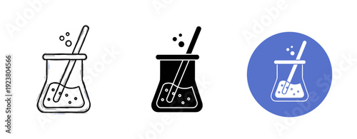 Laboratory beaker icons with stirring rod and bubbles – black and white to blue variations