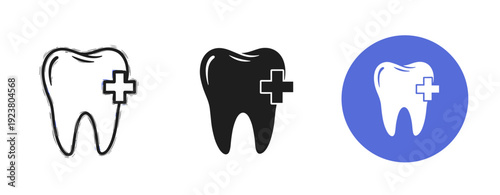 Set of dental icons with tooth and medical cross symbols in black and blue designs