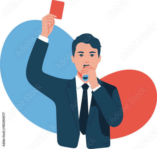Soccer referee holding red card, football foul decision authority whistle sports rules violation concept illustration