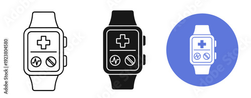 Smartwatch healthcare icons: medical alerts and health monitoring