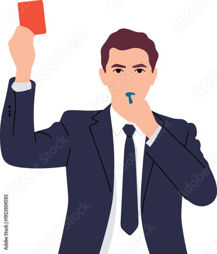Soccer referee showing red card, football foul decision concept with whistle authority sports illustration