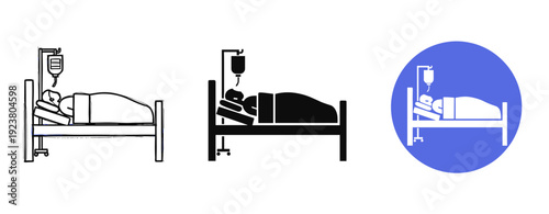 Hospital bed icons: patient resting with iv drip in three styles