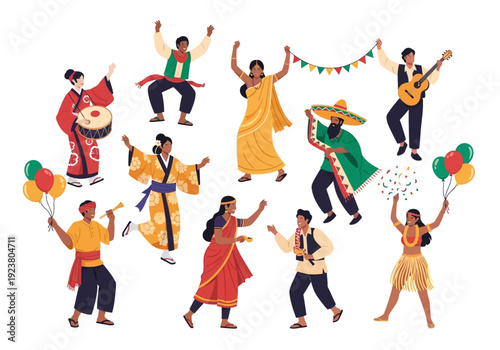 Diverse group of people in traditional attire dancing and celebrating