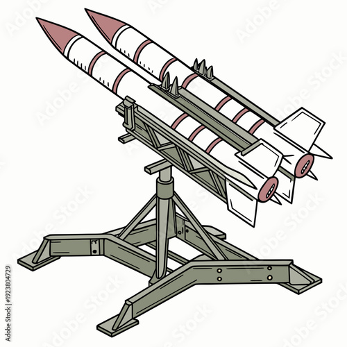 Tactical missile launcher with two missiles on a green metal stand