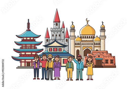 Diverse group stands before Asian pagoda castle and mosque architecture