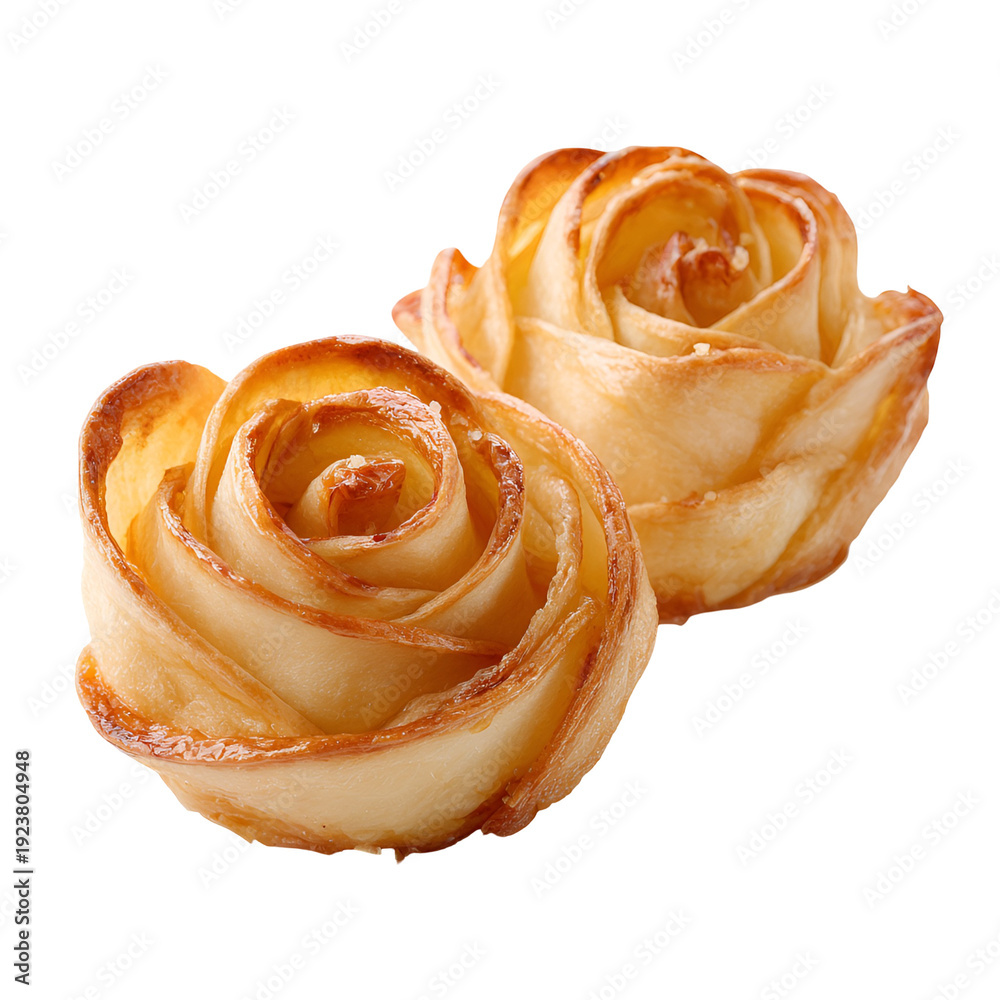 Fototapeta premium Two golden baked apple roses on a white background