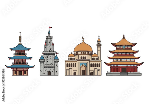 Four distinct architectural structures aligned horizontally against a white background