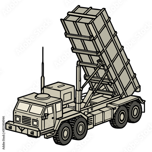 Beige truck with missile launcher system military vehicle