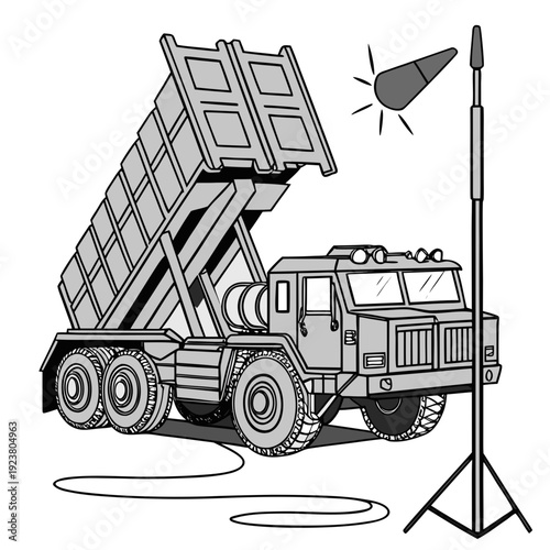 Gray truck with missile launcher and radar system military vehicle