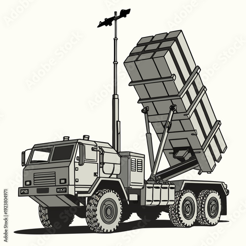 Gray truck with missile launcher on back vehicle military
