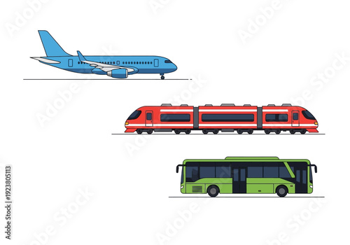 Side views of a blue airplane red train and green bus