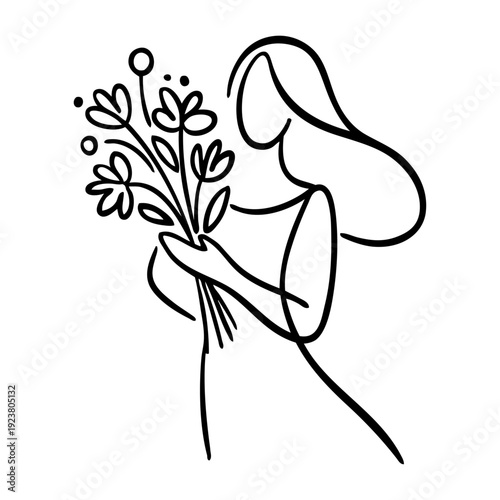 Dibujo sencillo con líneas de mujer de pie con un ramo de flores en la mano 