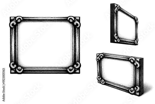 Halftone Frame Perspectives. Dotted halftone decorative frame. A single decorative dotted frame shown in three views: front view, side view, and three-quarter